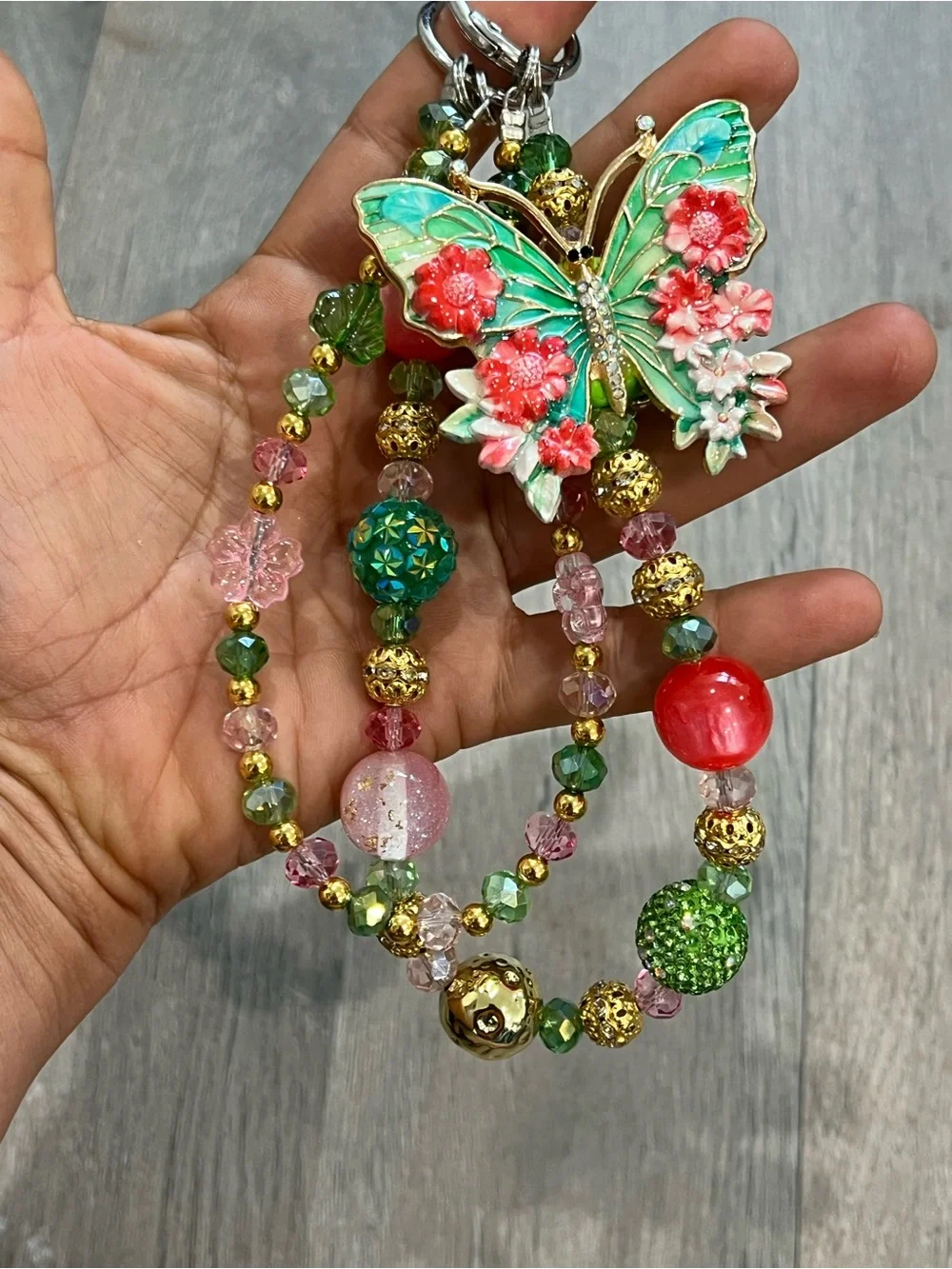 Handcrafted Butterfly Charm Beaded Bracelet - Green & Pink